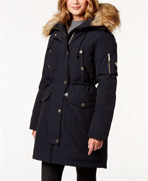 michael michael kors fur trimmed parka|Faux Fur Trim Ciré Belted Parka .